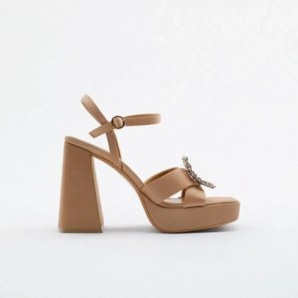 ZARA Nude Platform Block Heel Sandals Rhinestone Jewel Buckle NWT Size 8